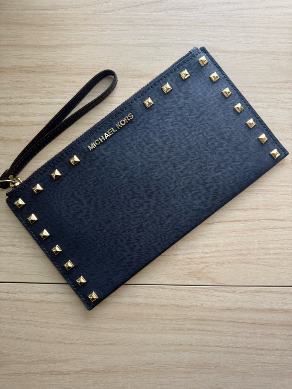 Michael Kors Studded Wristlet Clutch Navy Gold Zip Pouch